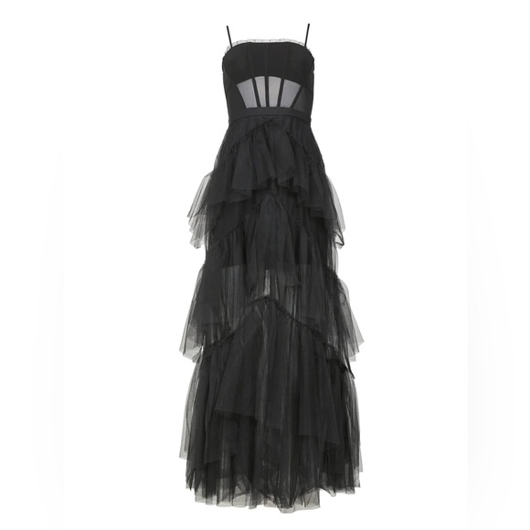 BCBGMAXAZRIA Sheer Tiered Ruffle Gown - in black Size 4 - Picture 6 of 11